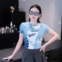 Áo Croptop nữ MLB tay ngắn Monogram Block Slim xanh dương 3FTSM1743-50SBD