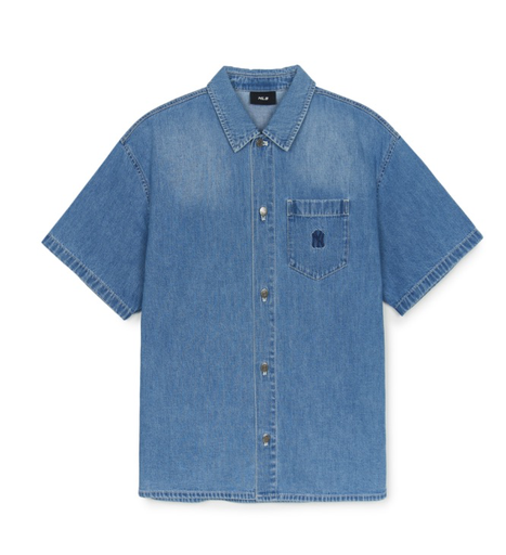 Áo sơ mi MLB tay ngắn denim Varsity Logo LA Dodgers xanh nhạt 3ADRV0253-50BLL